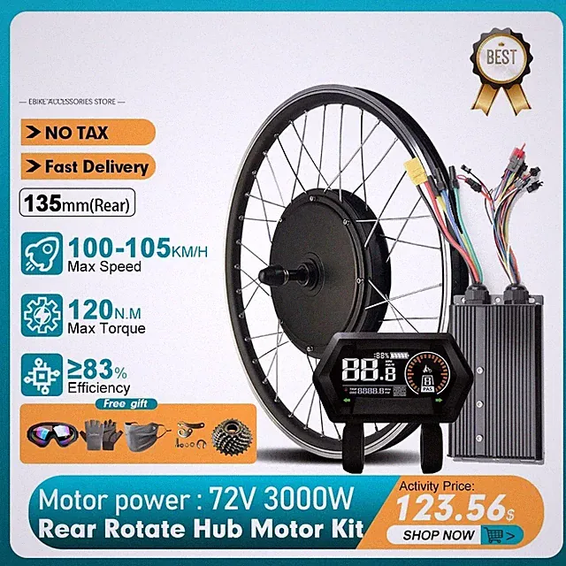72V 3000W Ebike Conversion Kit Gearless Rear Rotate Hub Motor Wheel 20-29inch